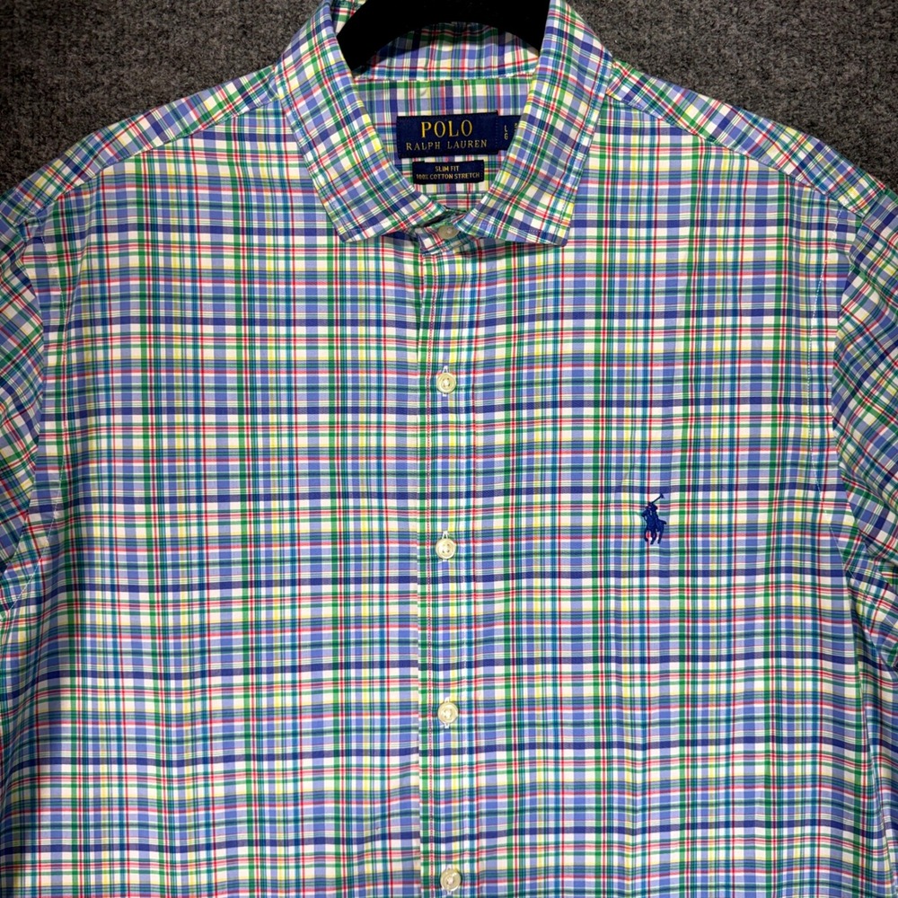 Polo Ralph Lauren Slim Fit Shirt Men Large Multi Color Plaid Stretch Preppy Pony